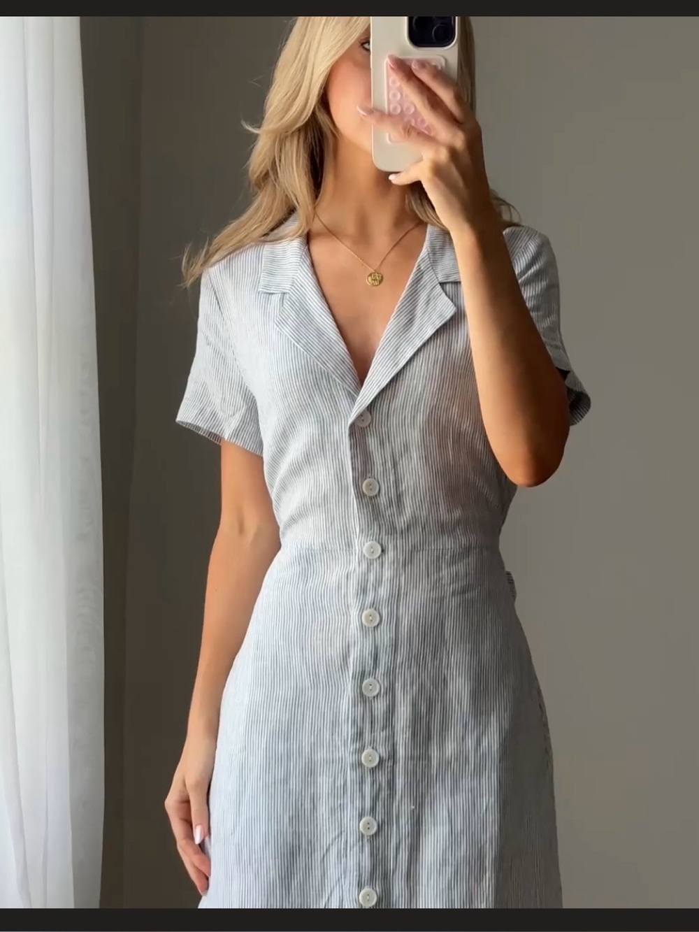 QUINCE 100% European linen blue pinstripe dress size S - Picture 2 of 8